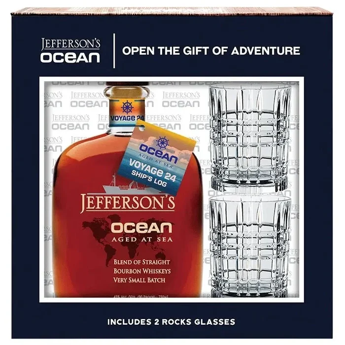 Jefferson’s Ocean Aged at Sea Very Small Batch Straight Bourbon Whiskey Gift Set w/2 Rock Glasses