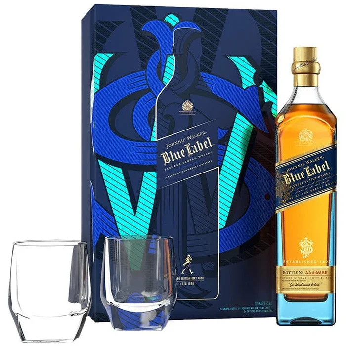 Johnnie Walker Blue Label Blended Scotch Whisky With Two Crystal Glasses