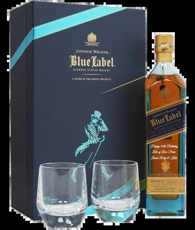 JOHNNIE WALKER SCOTCH BLENDED BLUE LABEL GFT PK W/ GLASSES 750ML