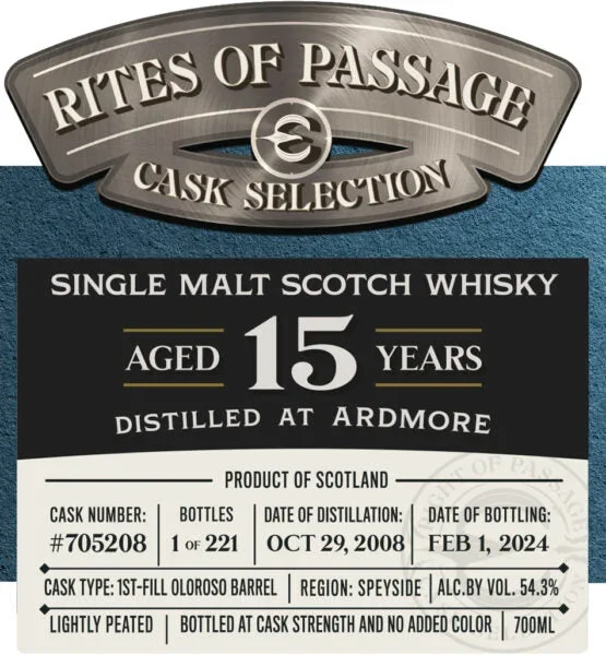 Rites of Passage Single Malt Scotch Whisky, ‘Ardmore 15 Year’